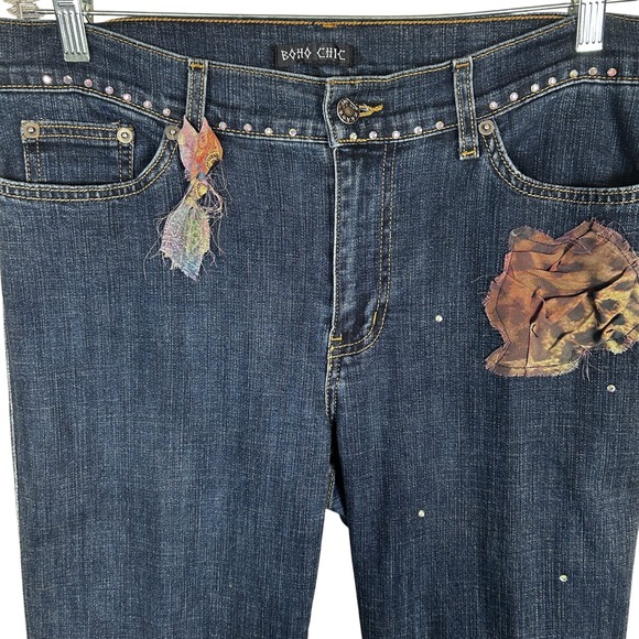 Boho Chic Embellished Denim Jeans Blue Floral Rhinestone Tassel Cuff Women's - Picture 16 of 16